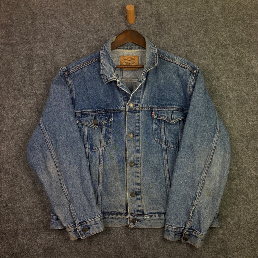 Levi's Denim Jacket Mens XL Blue Orange Tab Trucker Vintage Distressed Flaws